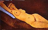 Blue Canvas Paintings - Reclining Nude with Blue Cushion
